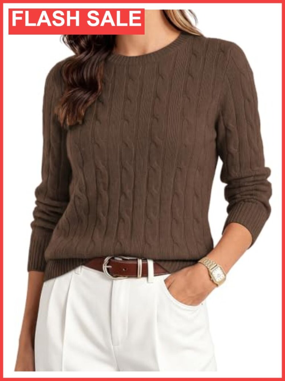 100% Merino Wool Cable Knit Crewneck Pullover Sweater Women
